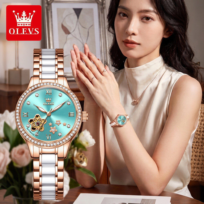 OLEVS 7074 หญิง OLEVS สุภาพสตรีนาฬิกากันน้ําอัตโนมัติ High-End Niche Hollow Mechanical นาฬิกาหญิง