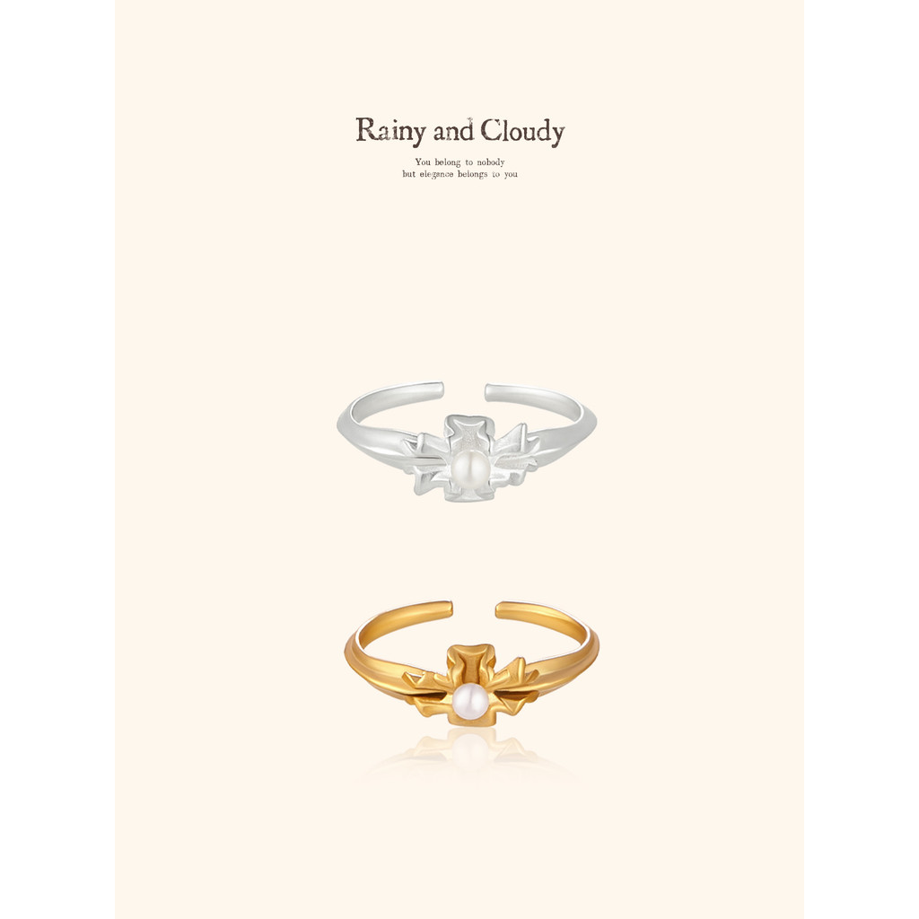 Rainy and Cloudy Cross Pleated Matte Gold/Matte Silver Pearl Ring Retro Open Ring Design Ring