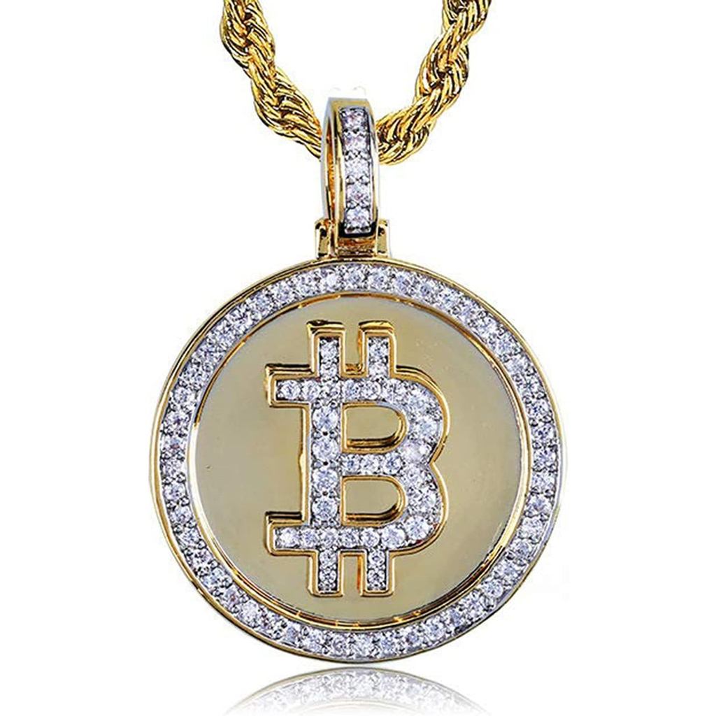 JAJAFOOK Iced Out CZ จําลองเพชร 14K Gold Plated Bitcoin Cryptocurrency จี้สร้อยคอเชือก