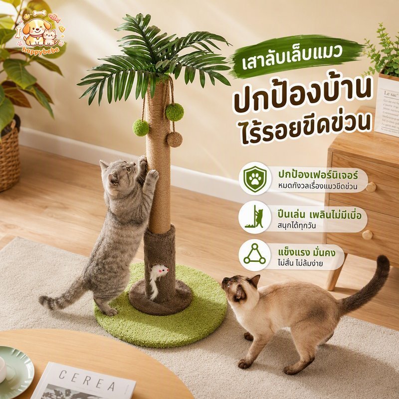เสาลับเล็บแมว ต้นมะพร้าว ที่ฝนเล็บแมว คอนโดแมว ปีนเล่น มีของเล่นห้อย ถ้ำซ่อน ฐานมั่นคง