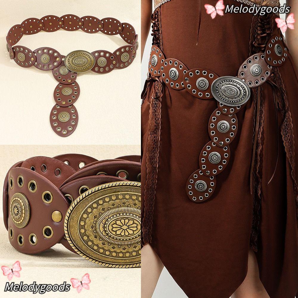 MELODG Hollow Belt, Western Style Vintage Soft Disc Belt, Y2K Hollow Disc Belt Ellipses คาวบอย Y2K M