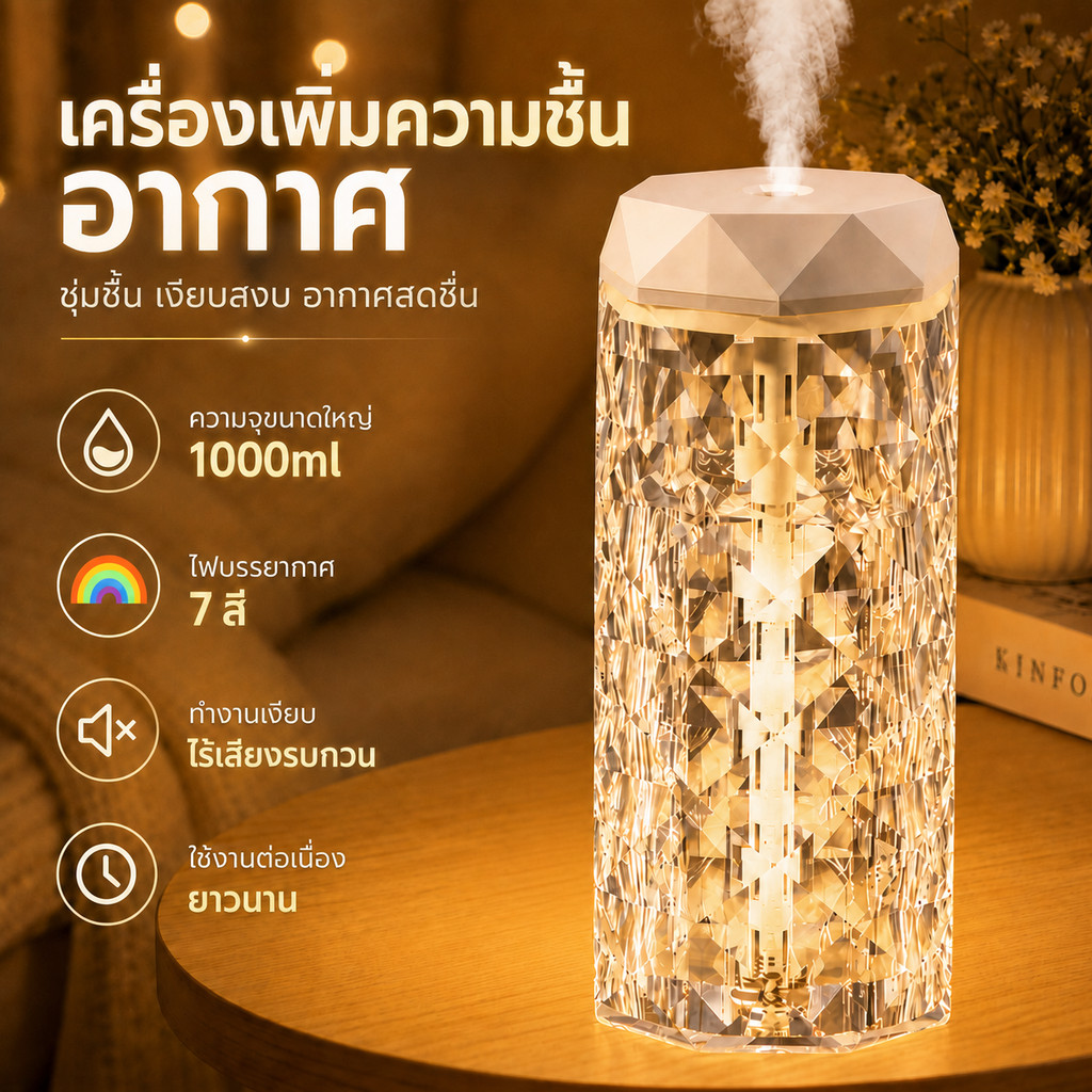 1000ML ความจุสูง เครื่องพ่นไอน้ำ เครื่องเพิ่มความชื้นในอากาศ LED Humidifier เครื่องฟอกอากาศ Mini Home Office Car