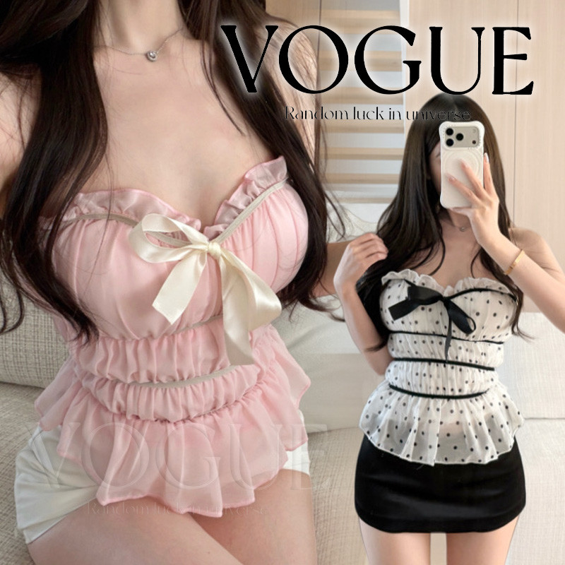 Vogue🌟พร้อมส่ง🌟 เสื้อเกาะอกชีฟองผูกโบว์ ทรงเข้ารูปสไตล์ลูกคุณ ดีไซน์จับจีบมีฟองน้ำในตัว (FY2043#1)