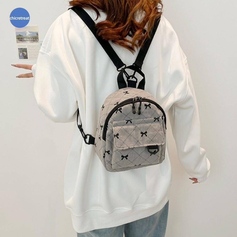 กระเป๋าสะพาย CHICRETREAT, Corduroy Multi Layered Mini Backpack, Korean Style Lightweight Zipper Bow Rucksack Women