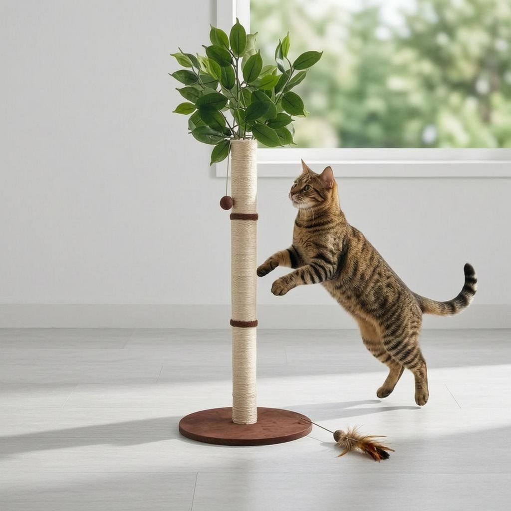 Feline Scratching Post Beige Trunk Sisal Scratching Post Tree Feline Scratcher ฐานกลม