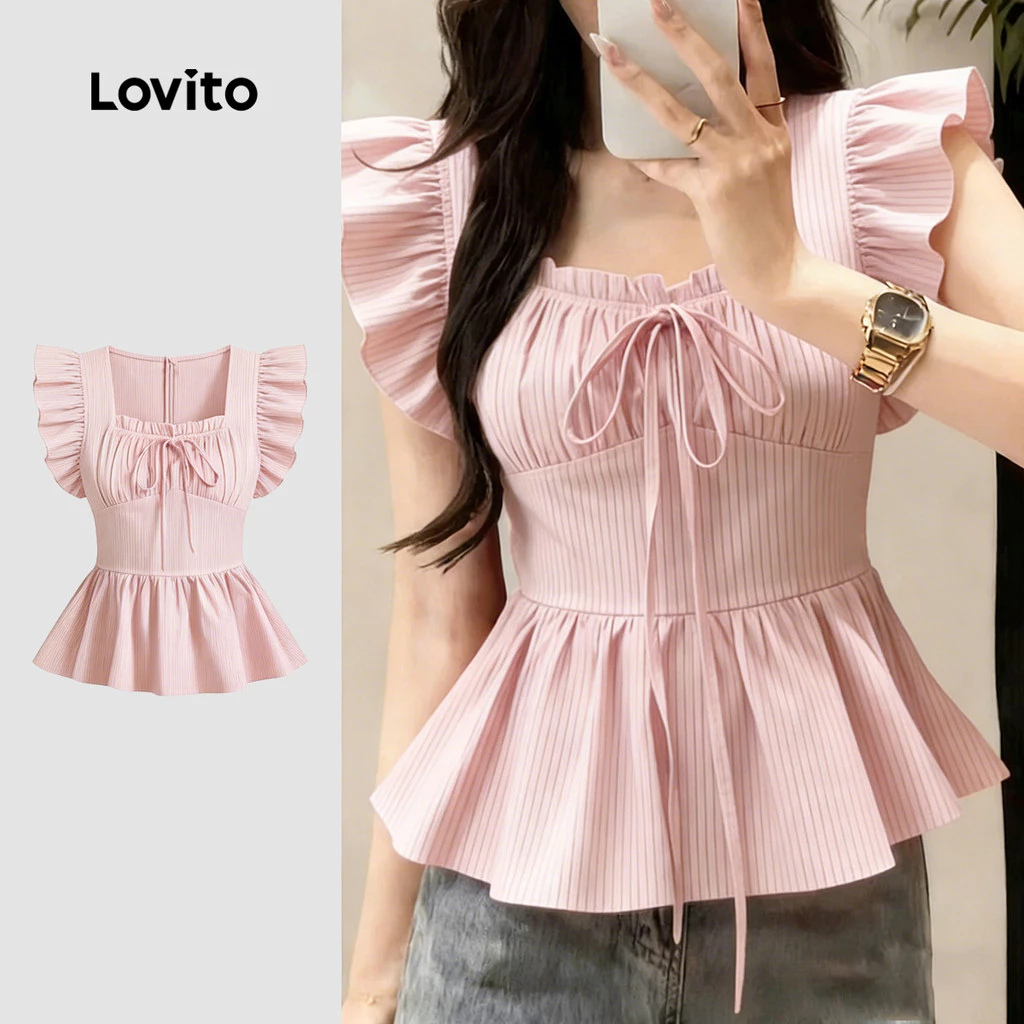 (New Arrival) Lovito เสื้อเบลาส์สีชมพูอ่อนลายจีบสําหรับผู้หญิงสําหรับฤดูใบไม้ผลิและฤดูร้อน เกาหลี อินเทรนด์ LK6AD148