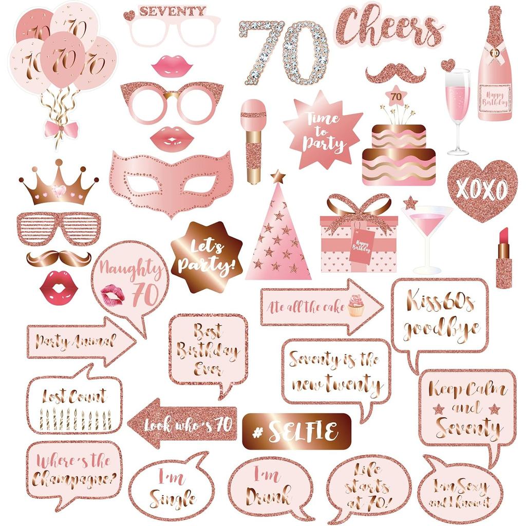70th Birthday Party Photo Booth Props และป้าย, Rose Gold 70 Birthday Party Selfie Props ชุด Sticks ส