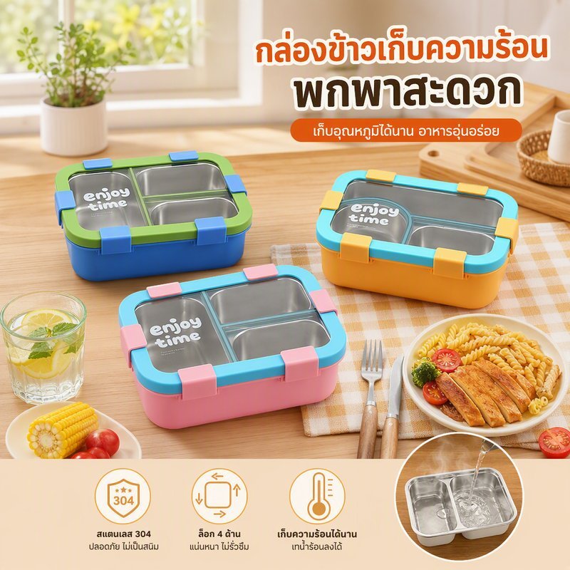 กล่องข้าวสแตนเลส 304 แบ่งช่อง 3 ช่อง 2 ชั้น ฝาล็อก 4 ด้าน ซีลซิลิโคน กันรั่ว