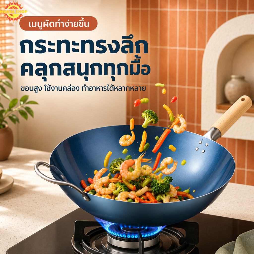 กระทะผัด ก้นลึก กระทะเหล็กด้ามไม้ ขนาด36/38 ซม. กระทะผัดก้นลึก ผัดผัก ทอดปลา ใช้งานง่าย แข็งแรง ทำอาหารได้หลากหลายเมนู