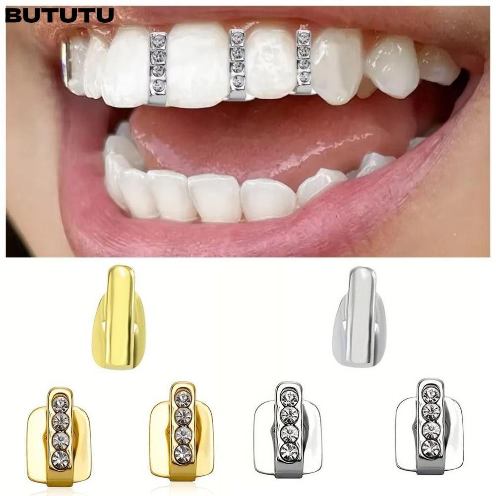 BUTU 3 ชิ้น Grillz, เงาเพทาย Rhinestone Hip Hop ฟัน Grillz, หมวกฟันกลวงผู้หญิงผู้ชาย