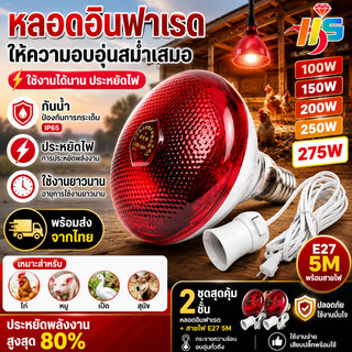 หลอดไฟกกสัตว์อินฟาเรด 100‑275W พร้อมสายไฟ E27 5M กันน้ำ ให้ความอบอุ่นปศุสัตว์