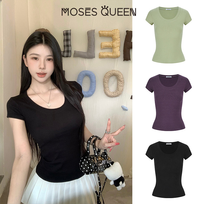 MOSESQUEEN มอสเนสควีน เสื้อยืดแขนสั้นสีขาวสําหรับผู้หญิงดีไซน์เข้ารูปเหมาะกับหน้าร้อนลดอายุและเรียบง่ายสไตล์พื้นฐานเป็นชั้นใต้หวาหรือชั้นฐาน #64051