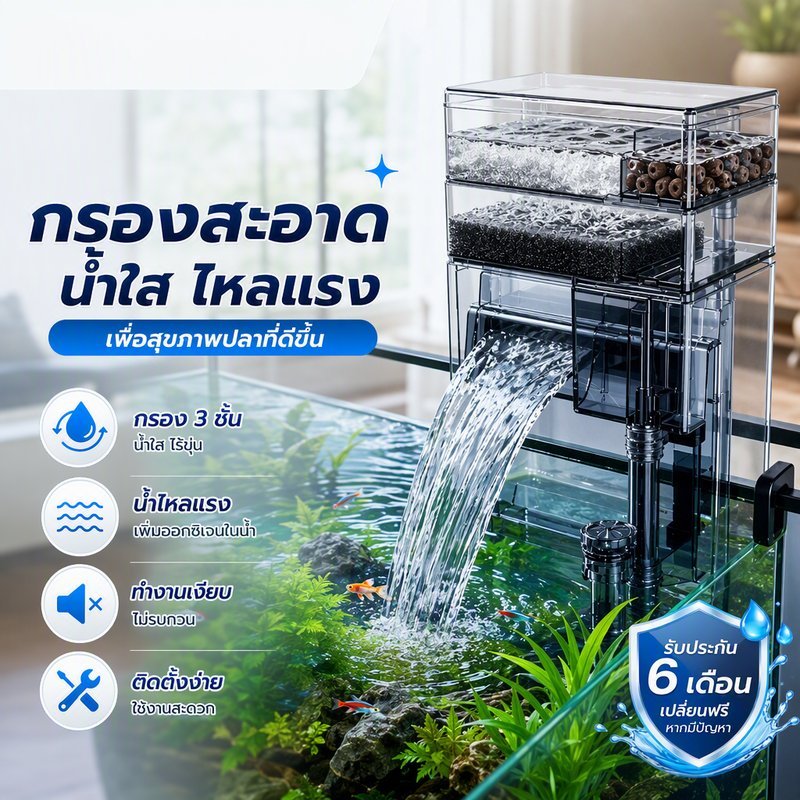 เครื่องกรองแขวนตู้ปลา กรองนอกตู้ปลา กรองน้ำตู้ปลา ปรับแรงน้ำได้ พร้อมไส้กรอง ฟองน้ำ น้ำจืดน้ำเค็ม