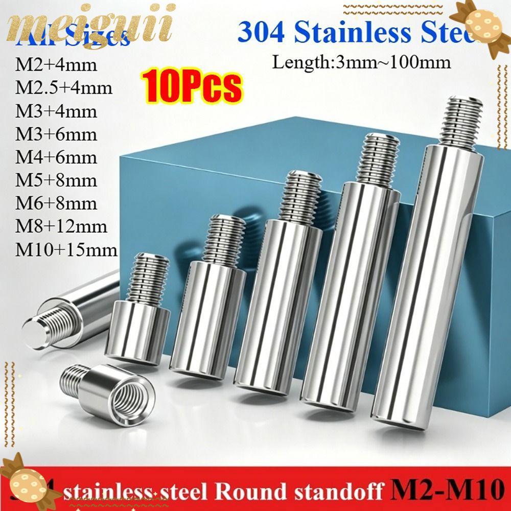 MEIGUII 10 ชิ้น PCB Standoff Spacer, M2-M10 ชายหญิงเกลียวเสา,รอบ 304 สแตนเลสหัวเดียววงกลมเชื่อมต่อคอ