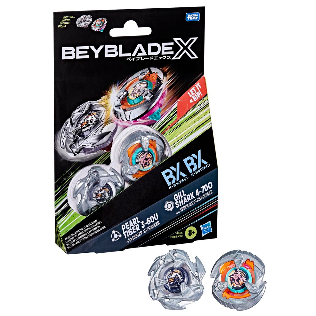 Beyblade X Gil Shark 4-70O BX & Pearl Tiger 3-60U BX Dual Pack Set, 2 Right-Spin Tops; Takara Tomy O