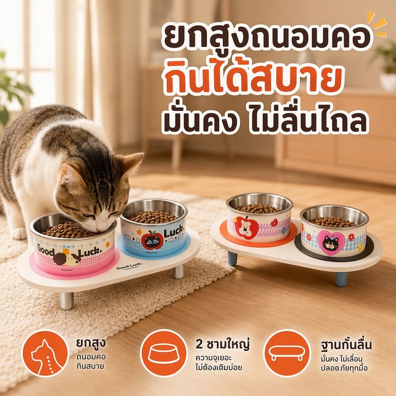 ชามอาหารสัตว์เลี้ยง สแตนเลส ชามคู่ ยกสูง ลดก้มคอ กันลื่น ถอดล้างง่าย ความจุสูง สำหรับแมว สุนัขเล็ก