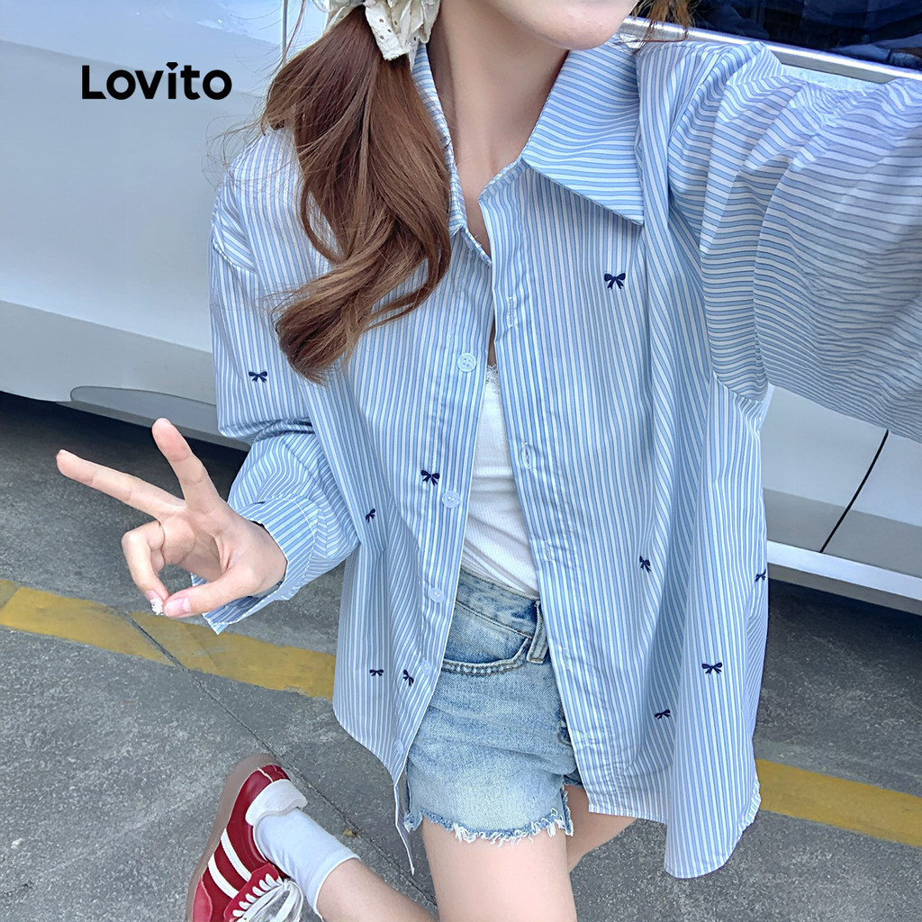 Lovito เสื้อลำลองสำหรับผู้หญิง เหมาะสำหรับวันสงกรานต์ พักผ่อนสบายๆ ในฤดูใบไม้ร่วง/ฤดูหนาว สีฟ้า เกาหลี อินเทรนด์ LK3AD055