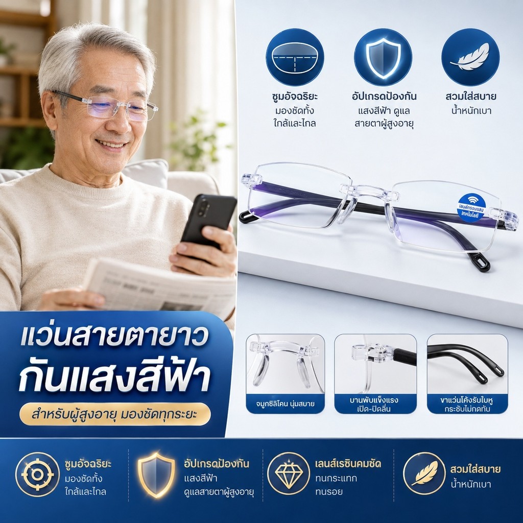 【แว่นสองชั้น 】แว่นตาคนแก่แว่นอ่านหนังสือกันแสงสีฟ้าเลนส์เรซิ่นใสพิเศษน้ำหนักเบาใส่สบายไม่บีบหน้า
