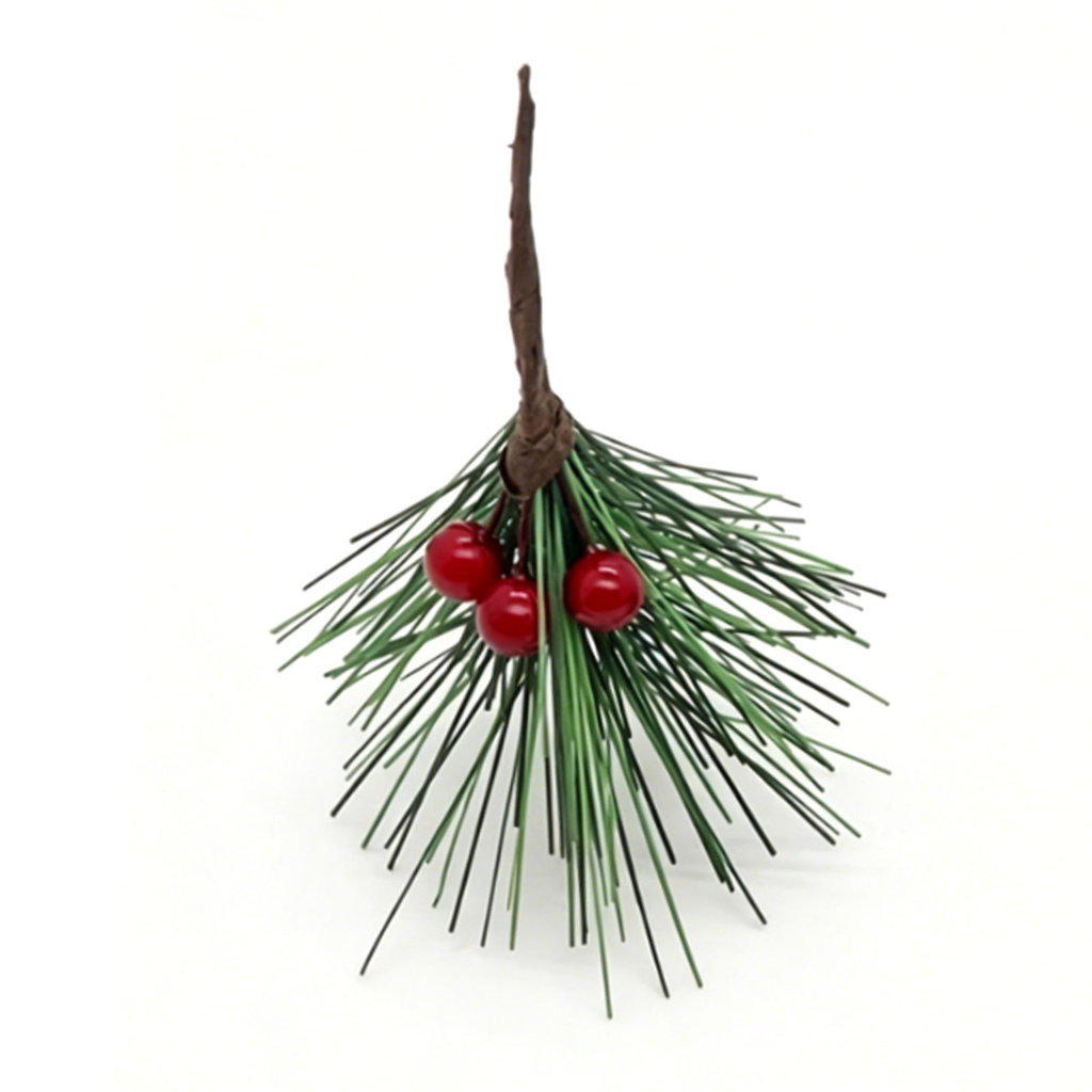 50PCS ประดิษฐ์ Pine เข็ม Picks Red Berry Pine Sprigs Faux Pine สาขาสําหรับงานฝีมือเทศกาลตกแต่ง Light