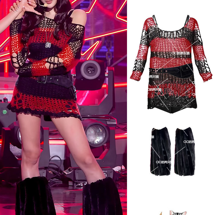 Aespa giselle giselle เสื้อเบลาส์ถักสีดําและสีแดงแบบเดียวกัน punk richman ชุดเพลง