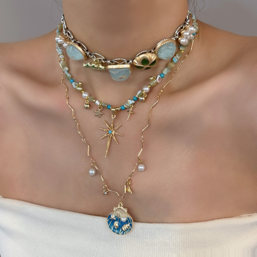 {Iris} Blue Gold Shell Star Beaded Necklace Female Stacking Niche Fashion Vacation Hot Girl Clavicle