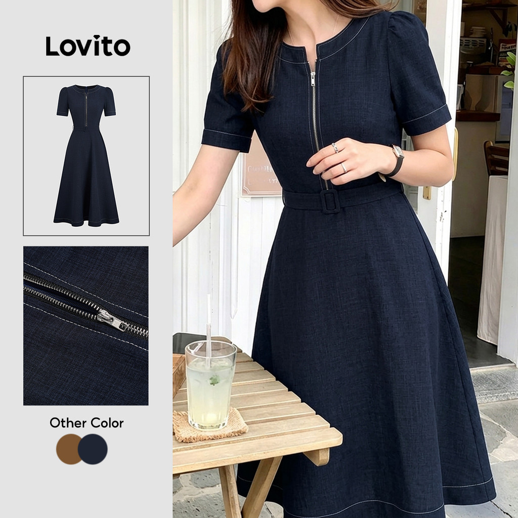 (New Arrival) Lovito ชุดเดรสสีกรมท่าทรงเรียบหรูพร้อมซิปและเข็มขัด เหมาะสําหรับฤดูใบไม้ผลิ/ฤดูร้อนของผู้หญิง LK7LD198