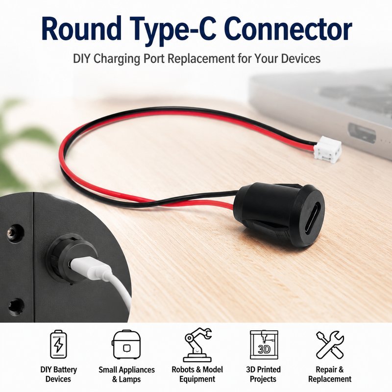 ช่องเสียบ USB-C ตัวเมียแบบติดแผง แจ็ค Type-C ตัวเมีย PH2.0 แบบกลมกันน้ำ พร้อมสาย 2 พิน 5V 3A สำหรับง