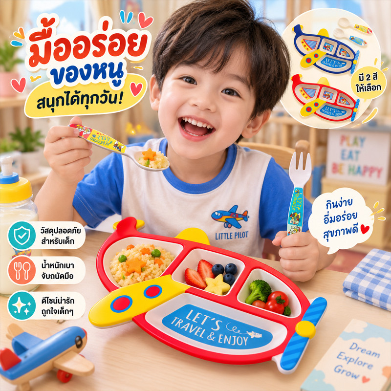 3PCS ชุดภาชนะสำหรับเด็ก จานอาหารจากเส้นใยไผ่ จานอาหารแบบแบ่งช่อง รูปภาพเครื่องบินการ์ตูน
