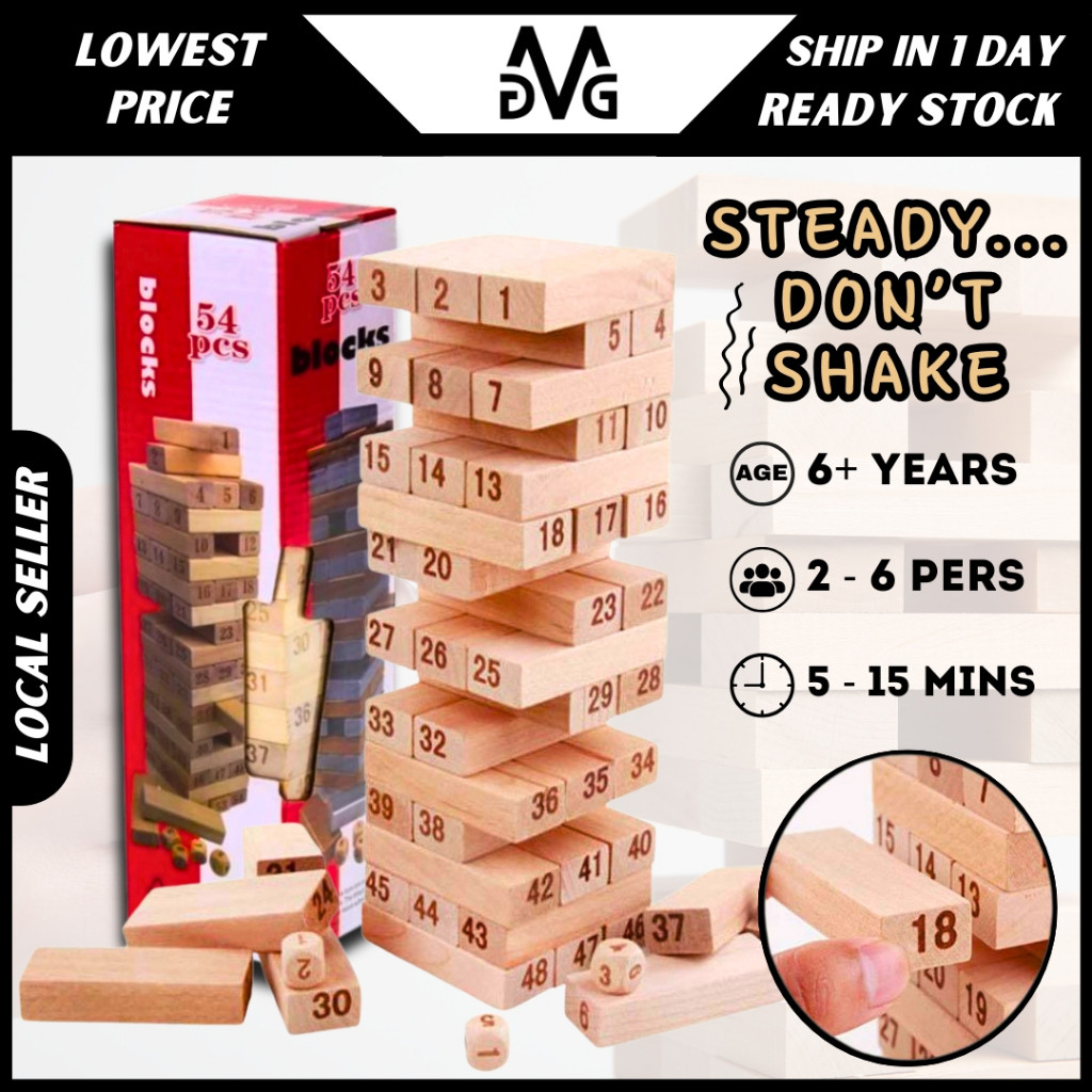 54 ชิ้นบล็อกไม้ขนาดใหญ่อาคารซ้อนจํานวน Jenga Tower ลูกเต๋าสมดุลเกมกระดานสําหรับเด็กเพื่อนครอบครัว