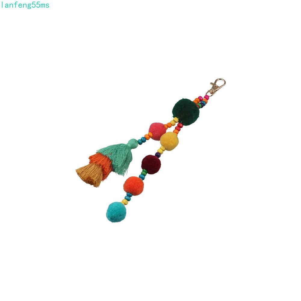 LANFENG Boho สไตล์พวงกุญแจ, Pom Pom พู่ Boho สไตล์ผม Ball พู่พวงกุญแจ, Boho เครื่องประดับ Handmade ส