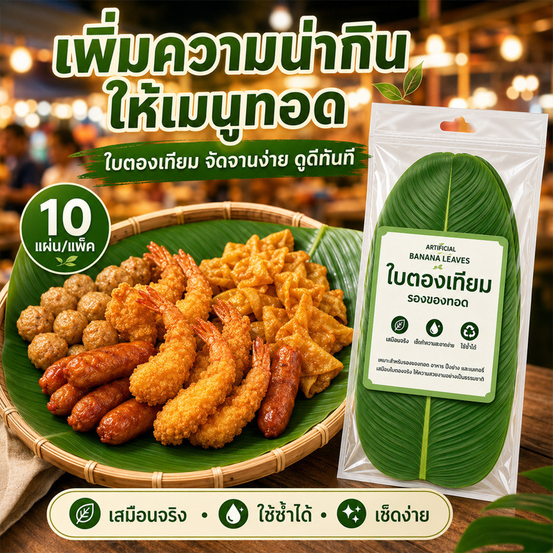 GREENIKA ใบตองปลอม ซื้อ 10 แถม 10 ใบตองเทียม ใบกล้วย แผ่นรองจาน สีเขียวเหมือนจริง สำหรับอาหาร ของหวาน ตกแต่งโต๊ะ