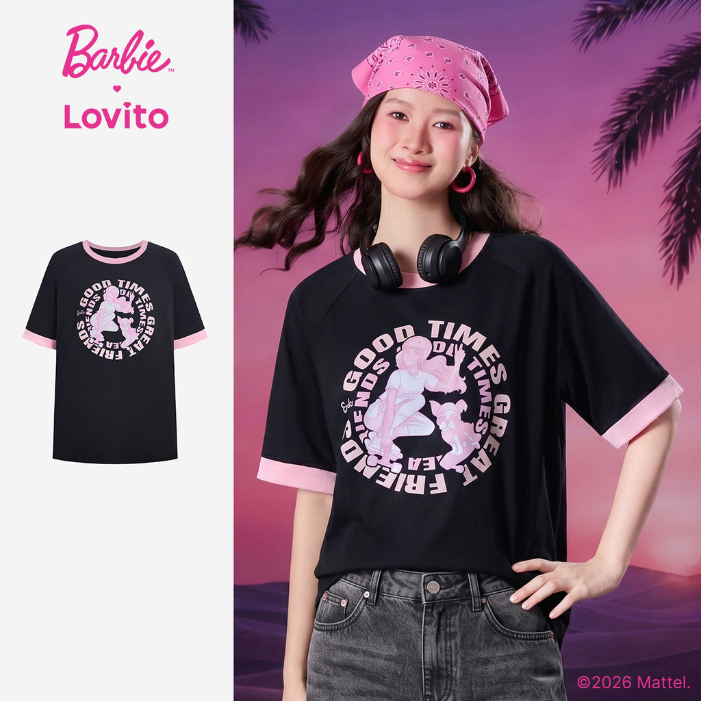Barbie™ X Lovito เสื้อยืดสีดำผู้หญิง ฤดูใบไม้ผลิ/ร้อน แขนสั้น คอกลม สีตัดกันหลายสี เกาหลี อินเทรนด์ LBL5AD006