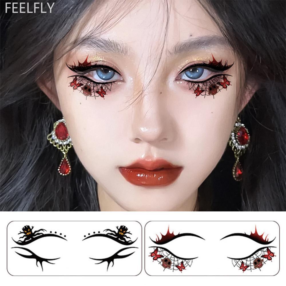 FEELFLY ฮาโลวีนที่สมจริงชั่วคราว Face Eye Tattoo สติกเกอร์กันน้ําติดทนนานฟักทอง Spider Web รูปแบบหลอ