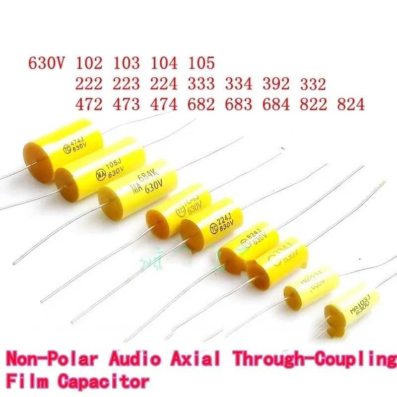 5PCS สีเหลือง Non-Polar Audio Axial Through-Coupling Film Capacitor, Hi-Fi Copper Lead Capacitor, 63