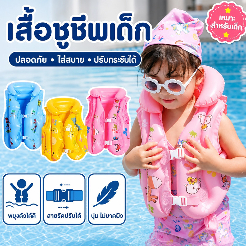 พร้อมส่ง เสื้อชูชีพเด็ก ชูชีพเป่าลม สำหรับเด็ก3ขวบขึ้นไป 20KG-50KG เสื้อชูชีพแบบหนา