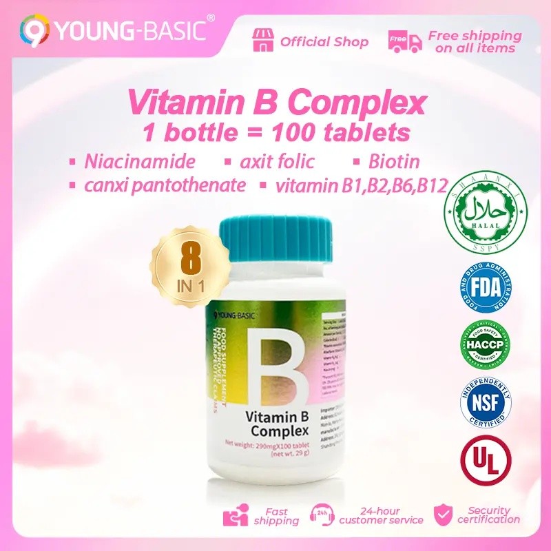 9YOUNG-BASIC อย. รับรองวิตามินบีคอมเพล็กซ์ | อัตราส่วนทางวิทยาศาสตร์สากล| 8 ใน 1 |  ผิว & ผม & เล็บ 