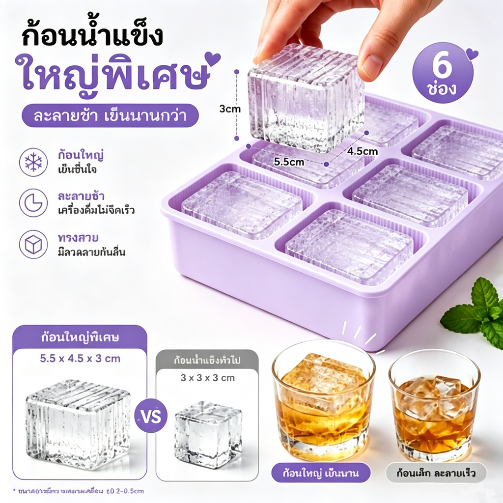 ถาดทำน้ำแข็งซิลิโคน 6/9 ช่อง แม่พิมพ์น้ำแข็ง พร้อมฝาปิด ถอดง่าย สะอาด ปลอดภัย ยืดหยุ่นได้ดี ไม่เสียรูปง่าย ใช้ซ้ำได้