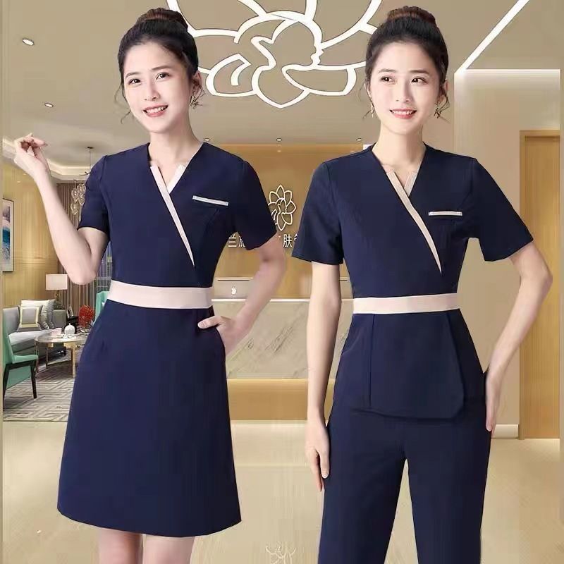 [สต๊อกพร้อมจากโรงงาน✈] Skin Care Stylist Workwear ผู้หญิงชุดแขนสั้นบางสไตล์ Breathable แชมพูแชมพู Wo