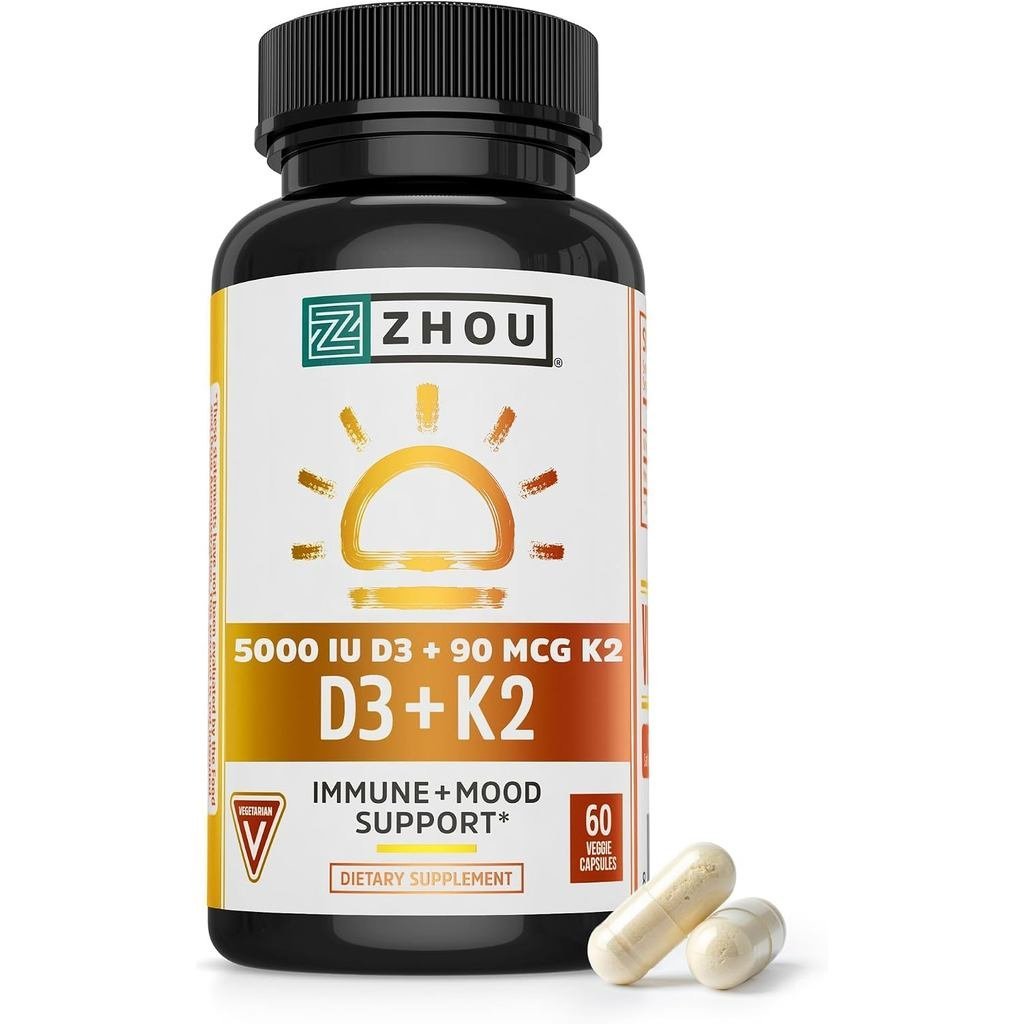 อาหารเสริม Zhou D3+K2 - แคปซูลผัก 60 แคปซูล (แพ็ค 1 ชิ้น) | อาหารเสริมวิตามิน D3 K2 สําหรับผู้หญิงแล