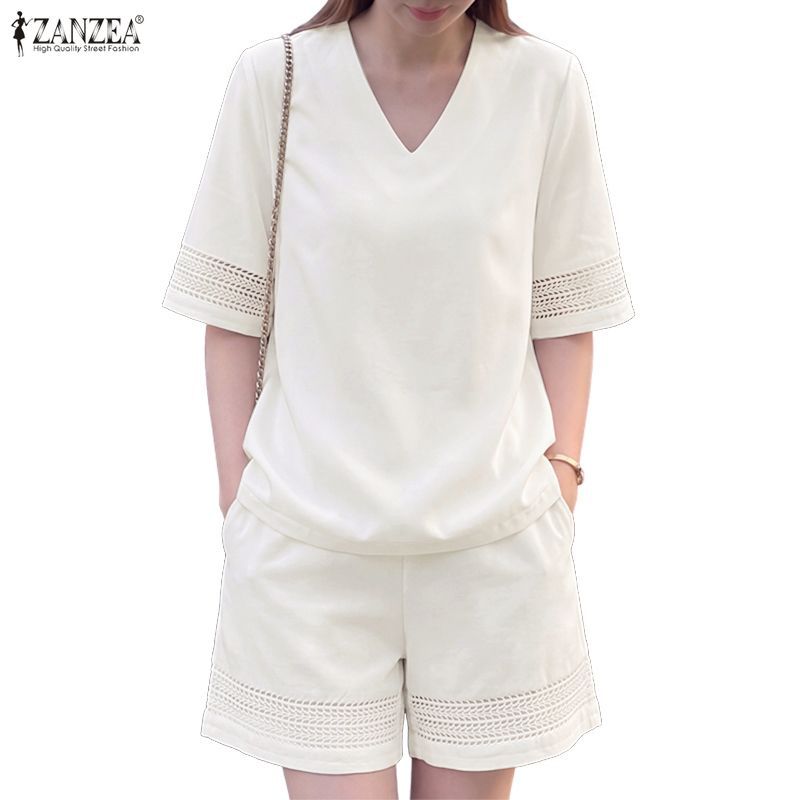 ZANZEA ซานเซีย ผู้หญิงเกาหลีทุกวันสบายๆคอวีครึ่งแขนสีทึบด้านบนและกางเกงขาสั้นชุดสองชิ้น — صورة 4