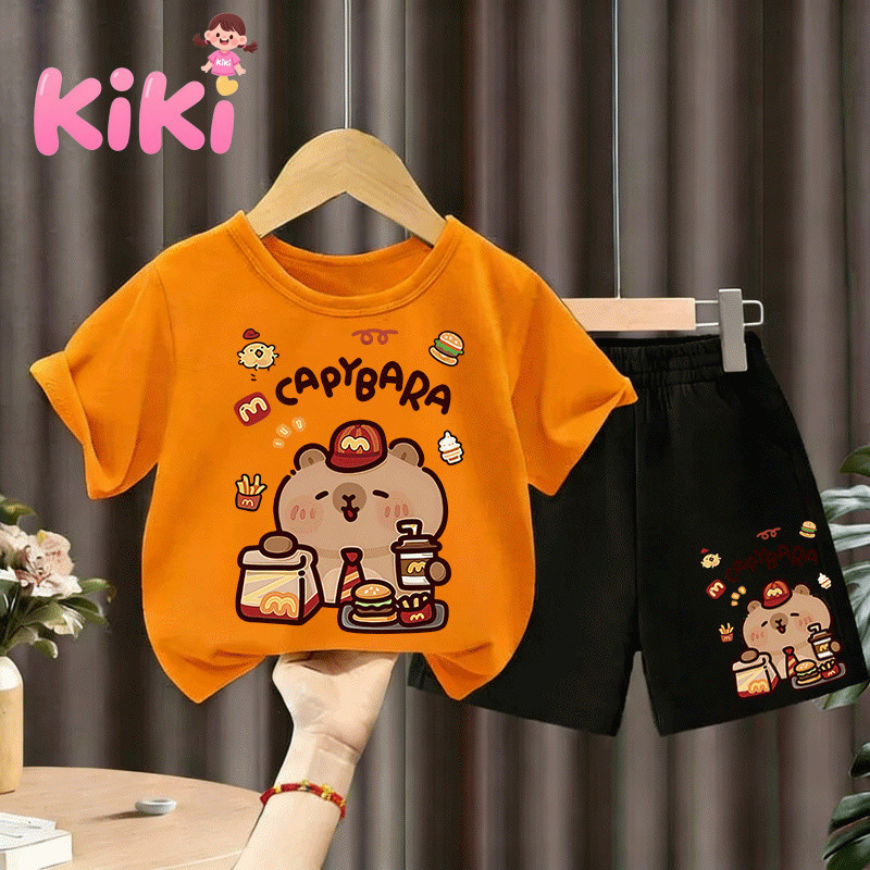 【ส่งไว 24ชม】2ชิ้น KIKI Korean Style Capybara ชุดเด็กหญิง ชุดเซ็ตเสื้อยืด ผ้าฝ้ายผสม คาปิบาร่า Chill น่ารัก 2-14#3