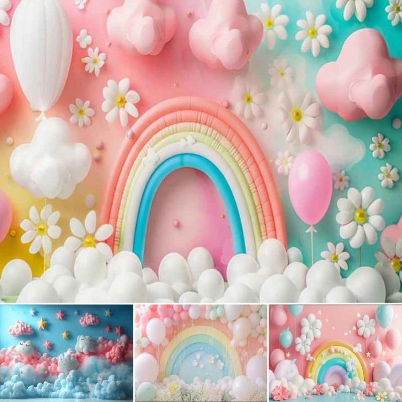 Clouds บอลลูน Dreamy Rainbows การถ่ายภาพฉากหลังสุขสันต์วันเกิดชายหญิง Baby Shower Birthday Party Dec