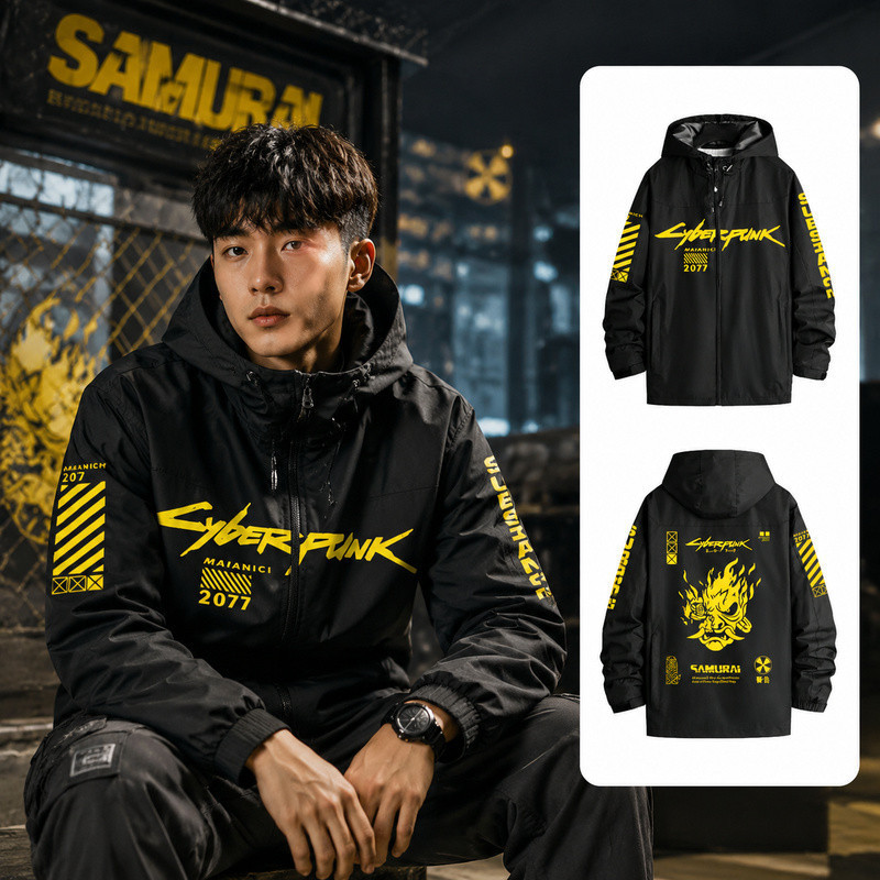 พร้อมส่ง Cyberpunk 2077 Edgerunners เสื้อแจ็คเก็ตมีฮู้ด กันลม ทรงหลวม ผู้ชาย