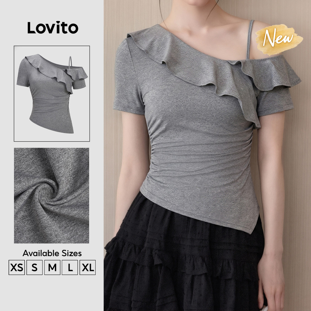 (New Arrival) Lovito เสื้อยืดสีเทาแขนสั้นคอกลมไม่สมมาตรระบายสำหรับผู้หญิง สำหรับลำลอง ฤดูใบไม้ผลิ ฤดูร้อน วันหยุดสุดสัปดาห์ TSB206TD043