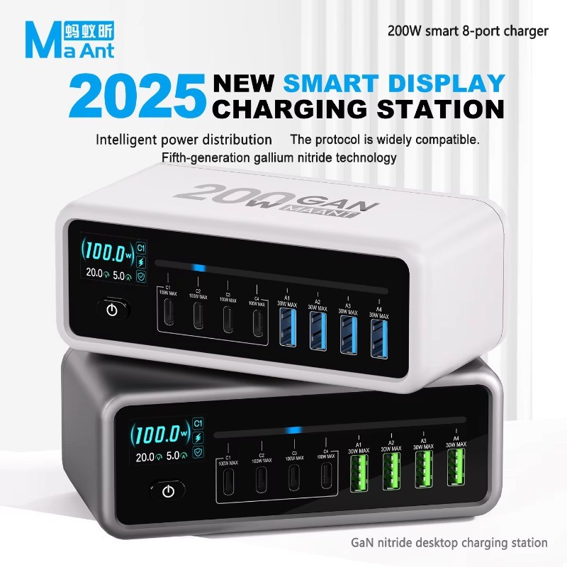 MaAnt MT-P200 200W GaN Desktop Charger, 8-Port Smart Display, 100W PD Fast Charging Station สําหรับแ