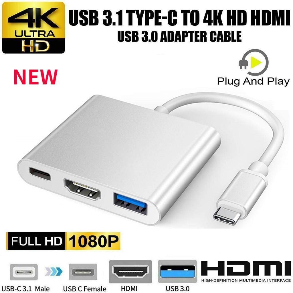 3 in 1 USB 3.0 Type-C To HDMI 4K HDMI/USB 3.0/Type C Converter Cable Adapter for Macbook Laptop Ligh