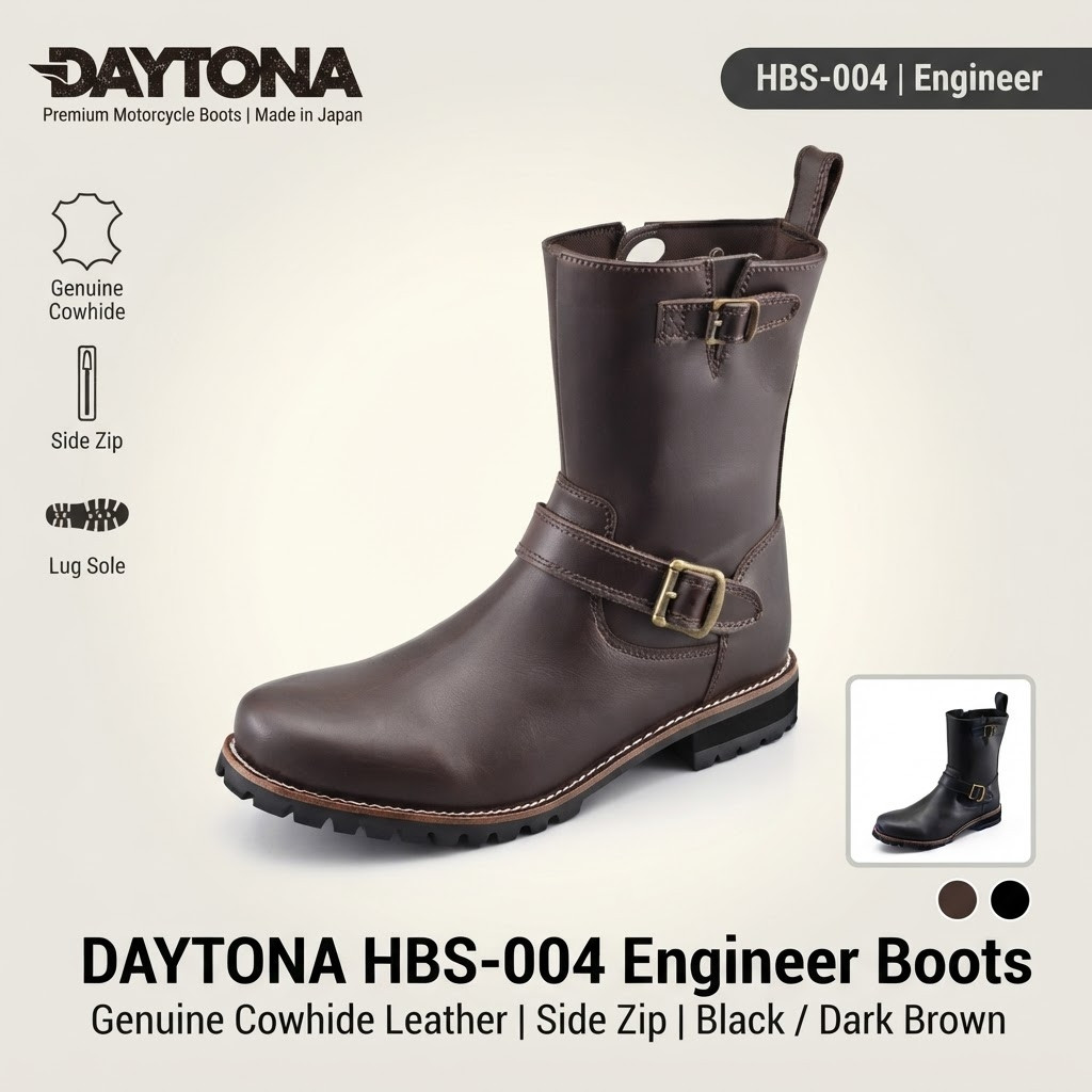 Daytona HBS-004 Men's Motorcycle Engineer Boots Genuine Cowhide Leather Side Zip Black Dark Brown