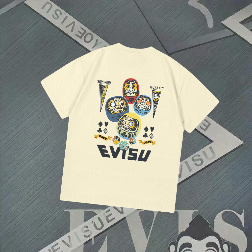 EVISU/God of Fortune/2026 คลาสสิกรอบคอแขนสั้นเสื้อยืดผู้ชายผู้หญิงสไตล์ใหม่ Hot-ขาย Street Wear หรูห