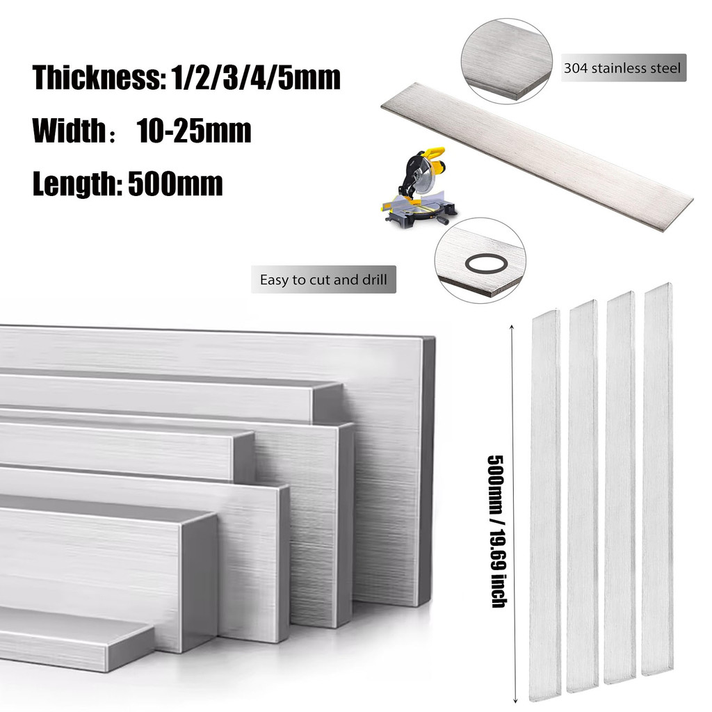 1PC 304 Stainlesss Steel Flat Bar, 500mm Length – Brushed Finish Trim Strip for DIY Craft Projects