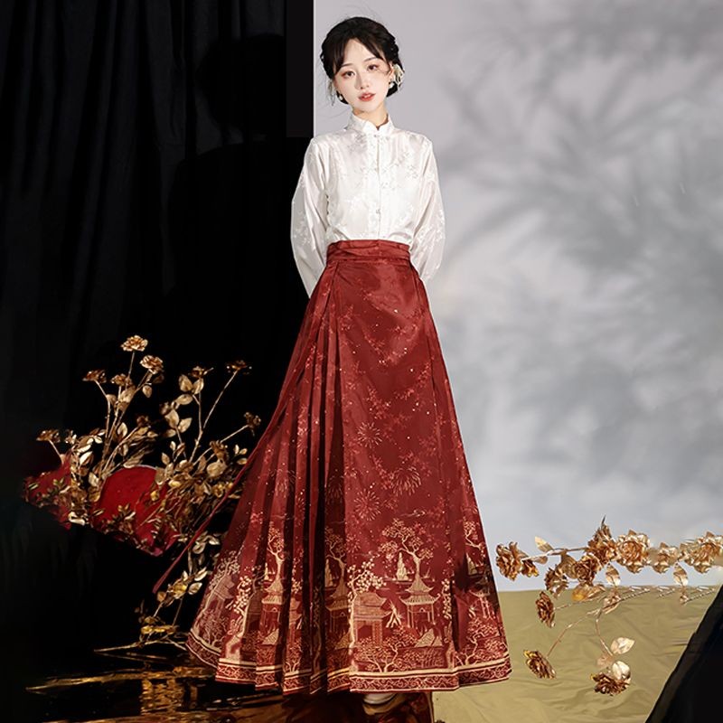 Yixi Shengge Hanfu สไตล์มิง ชุดกระโปรงหน้าม้าสำหรับสวมใส่วันธรรมดা